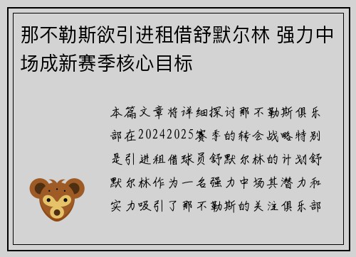 那不勒斯欲引进租借舒默尔林 强力中场成新赛季核心目标